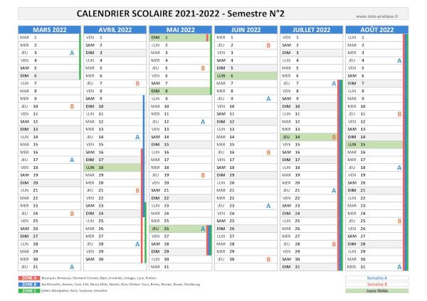 Calendrier scolaire 2021-2022 - Semestre N°2.