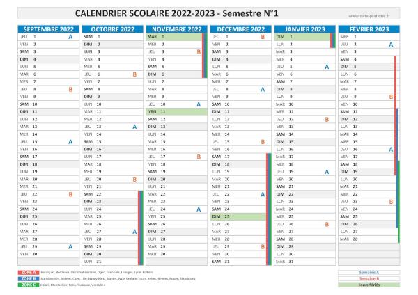 Calendrier scolaire 2022-2023 - Semestre N°1.