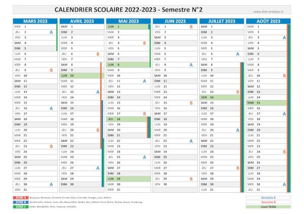 Calendrier scolaire 2022-2023 - Semestre N°2.