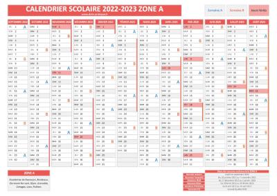 Calendrier scolaire 2022-2023 pour la zone A à télécharger