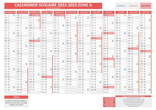 Calendrier scolaire 2022-2023 avec les dates des vacances pour la zone A