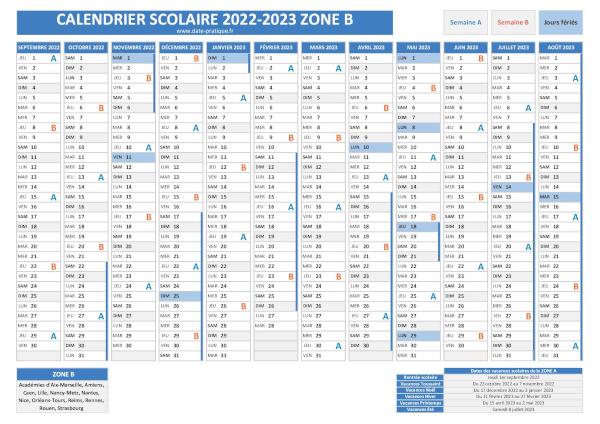 Calendrier scolaire 2022-2023 avec les dates des vacances pour la zone B