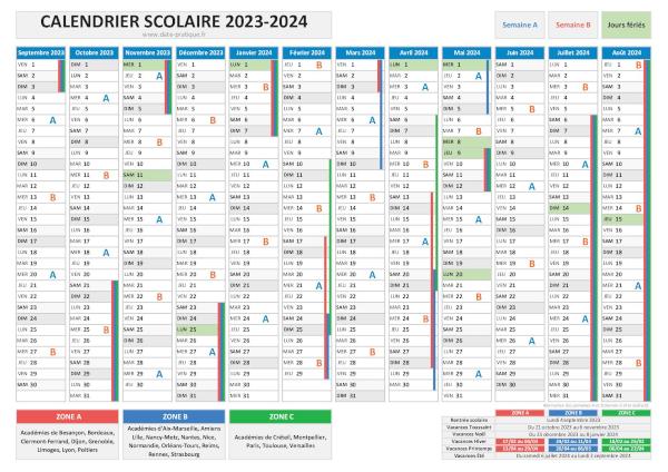 Calendrier scolaire 2023-2024 pour les zones A, B et C à télécharger