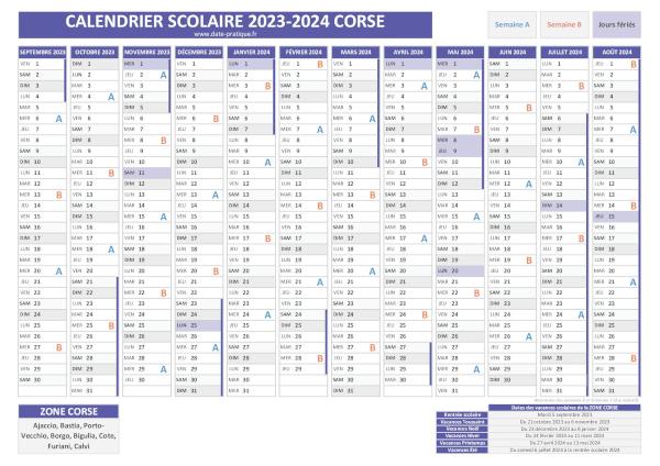 Calendrier scolaire 2023-2024 avec les dates des vacances pour la Corse
