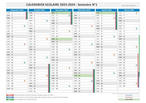 Calendrier scolaire 2023-2024 - Semestre N°1.