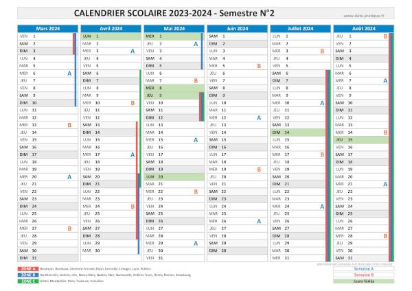 Calendrier scolaire 2023-2024 - Semestre N°2.