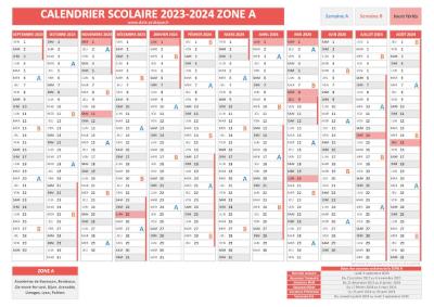 Calendrier scolaire 2023-2024 pour la zone A à télécharger