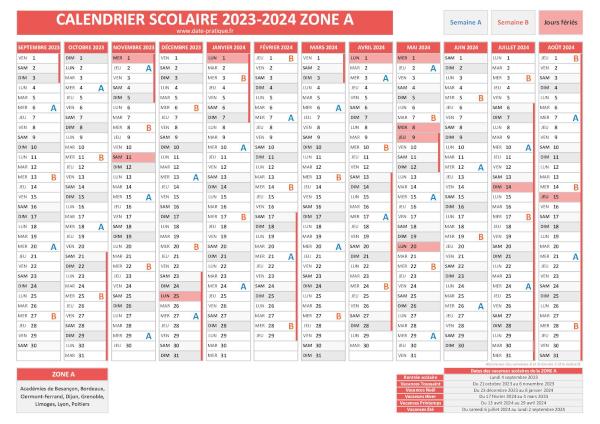 Calendrier scolaire 2023-2024 avec les dates des vacances pour la zone A