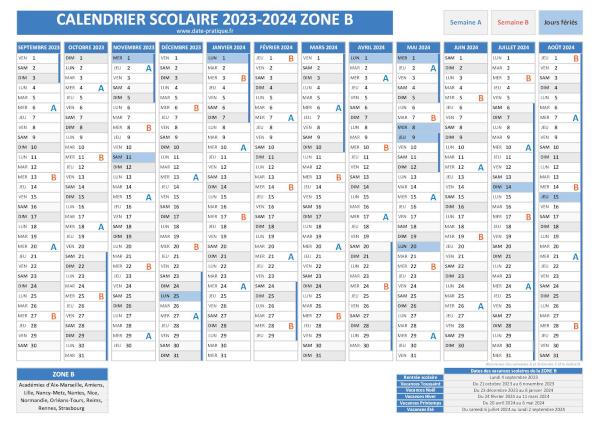 Calendrier scolaire 2023-2024 avec les dates des vacances pour la zone B