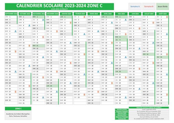 Calendrier scolaire 2023-2024 avec les dates des vacances pour la zone C