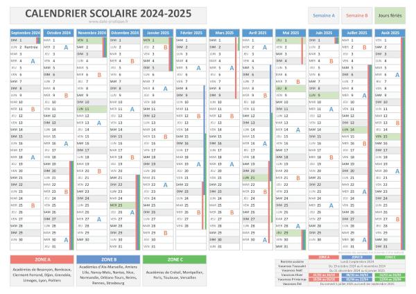 Calendrier scolaire 2024-2025 pour les zones A, B et C à télécharger