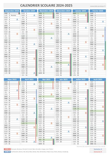 Calendrier scolaire 2024-2025 à imprimer - Format portrait