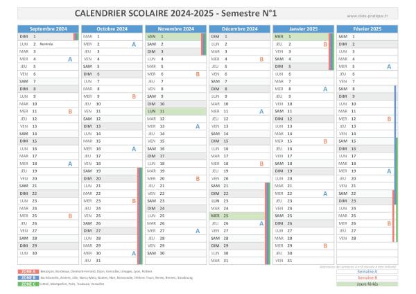 Calendrier scolaire 2024-2025 - Semestre N°1.