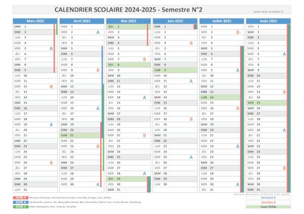 Calendrier scolaire 2024-2025 - Semestre N°2.