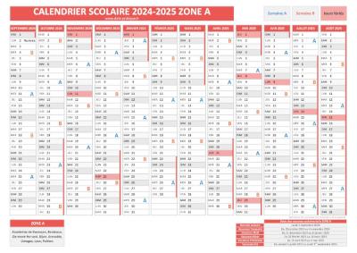 Calendrier scolaire 2024-2025 pour la zone A à télécharger