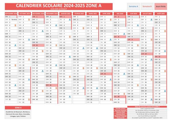 Calendrier scolaire 2024-2025 avec les dates des vacances pour la zone A