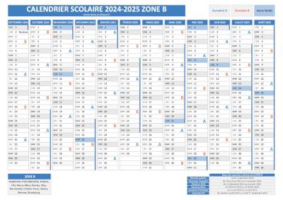 Calendrier scolaire 2024-2025 pour la zone B à télécharger