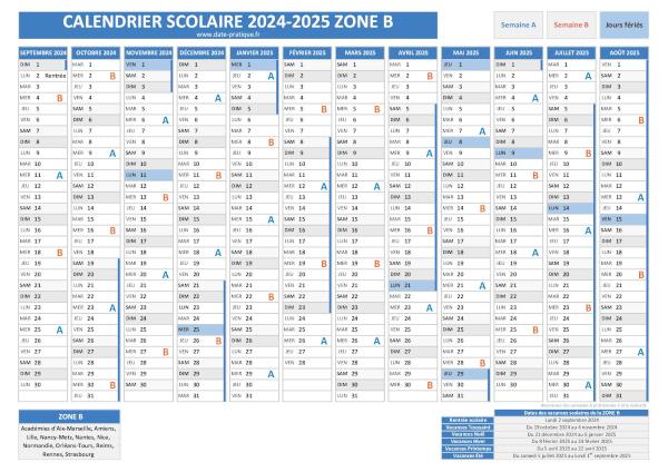 Calendrier scolaire 2024-2025 avec les dates des vacances pour la zone B