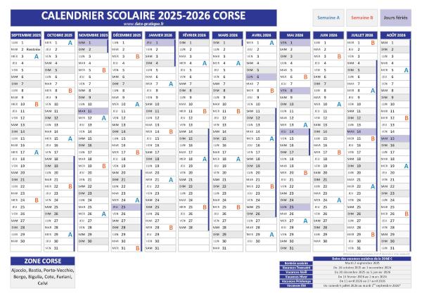 Calendrier scolaire 2025-2026 avec les dates des vacances pour la Corse