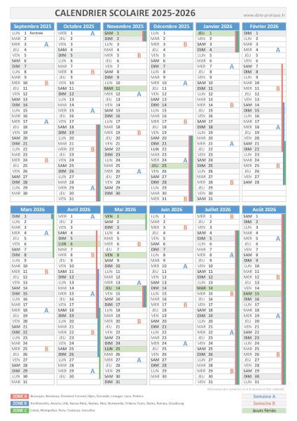 Calendrier scolaire 2025-2026 à imprimer - Format portrait