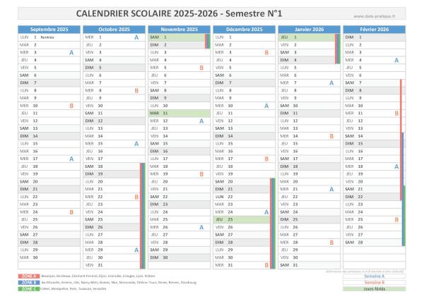 Calendrier scolaire 2025-2026 - Semestre N°1.
