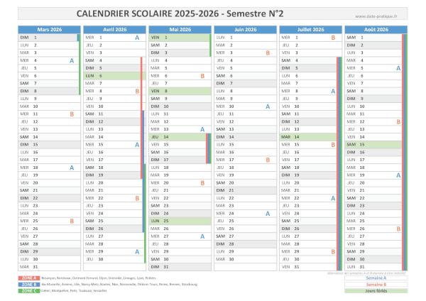 Calendrier scolaire 2025-2026 - Semestre N°2.