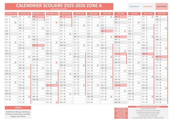 Calendrier scolaire 2025-2026 avec les dates des vacances pour la zone A