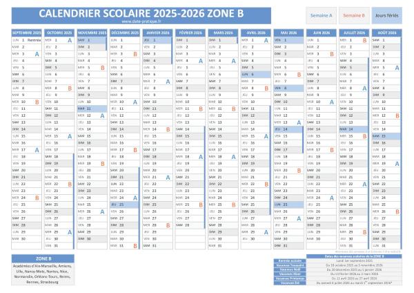 Calendrier scolaire 2025-2026 avec les dates des vacances pour la zone B