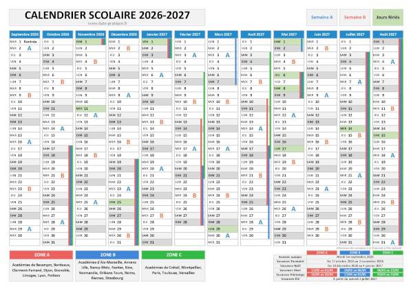 Calendrier scolaire 2026-2027 avec jours fériés