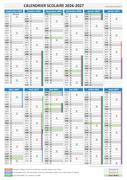 Calendrier scolaire 2026-2027 à imprimer - Format portrait