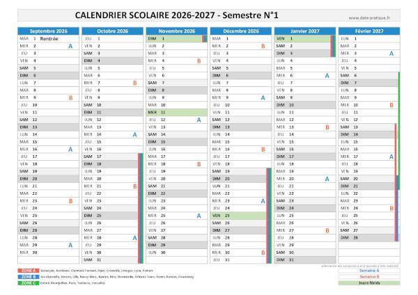 Calendrier scolaire 2026-2027 - Semestre N°1.