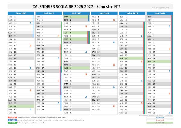 Calendrier scolaire 2026-2027 - Semestre N°2.