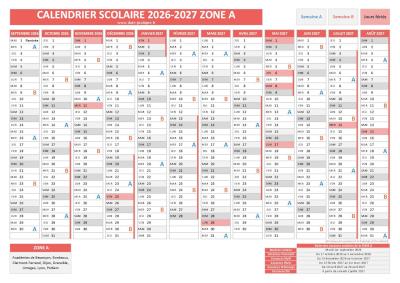 Calendrier scolaire 2026-2027 pour la zone A à télécharger