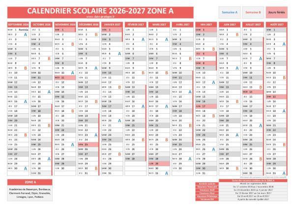 Calendrier scolaire 2026-2027 avec les dates des vacances pour la zone A