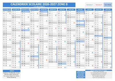 Calendrier scolaire 2026-2027 pour la zone B à télécharger