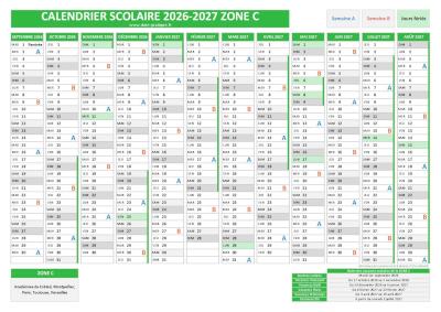 Calendrier scolaire 2026-2027 pour la zone C à télécharger