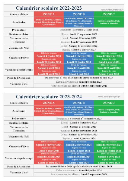 Infographie avec les dates des vacances scolaires 2022-2023 et 2023-2024 à imprimer