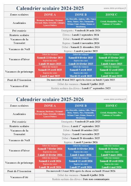 Infographie avec les dates des vacances scolaires 2025-2026 à imprimer