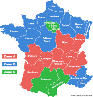 Carte des zones scolaires A, B et C avec les noms des académies - Calendrier scolaire 2021-2022 Carte des zones scolaires A, B et C